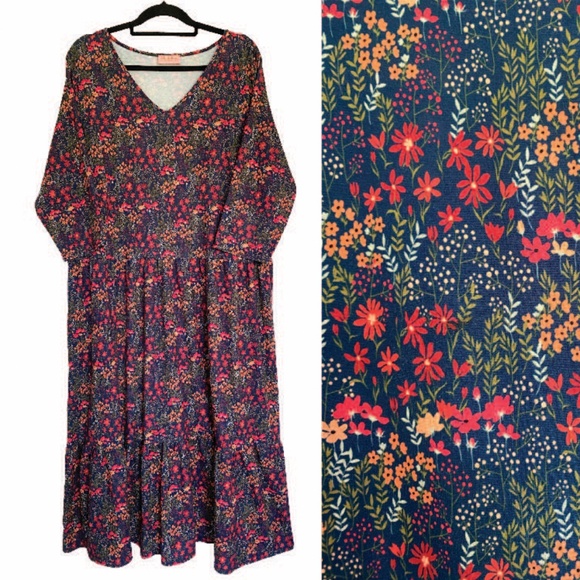 POPSY Ditsy Floral Print Tiered Hem Midi Dress w/ Pockets Size 18 US/ 22 UK - Picture 1 of 16